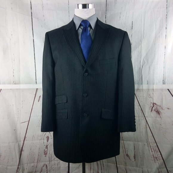 Vitaliano Super 150's 44L 3 Button Black Herringbone Striped Suit Blazer Jacket - Picture 1 of 10